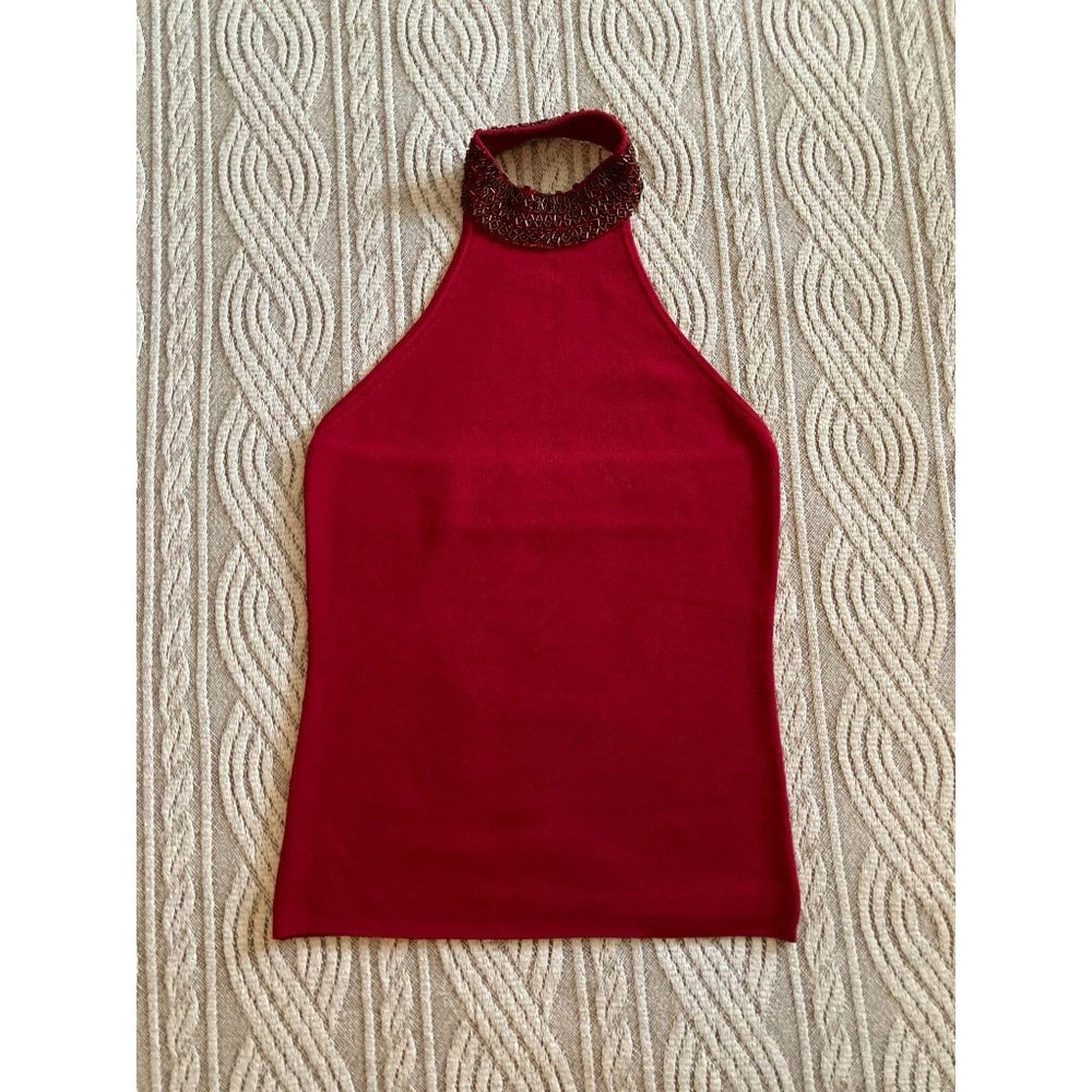 Silk Red Halter Top With Gold Beads Size Large